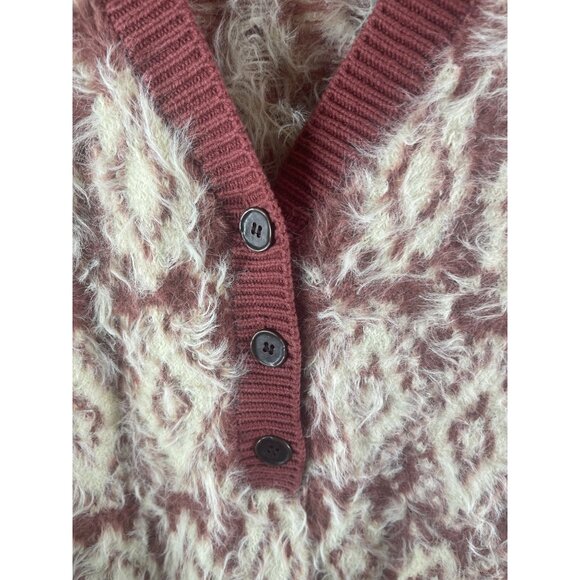 Free People Fuzzy Cardigan Sweater L Mulberry & Cream Buttons V-Neck Soft Boho - Picture 7 of 9